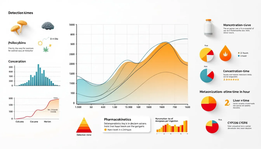 A conceptual image illustrating factors influencing drug detection times, including various substances.