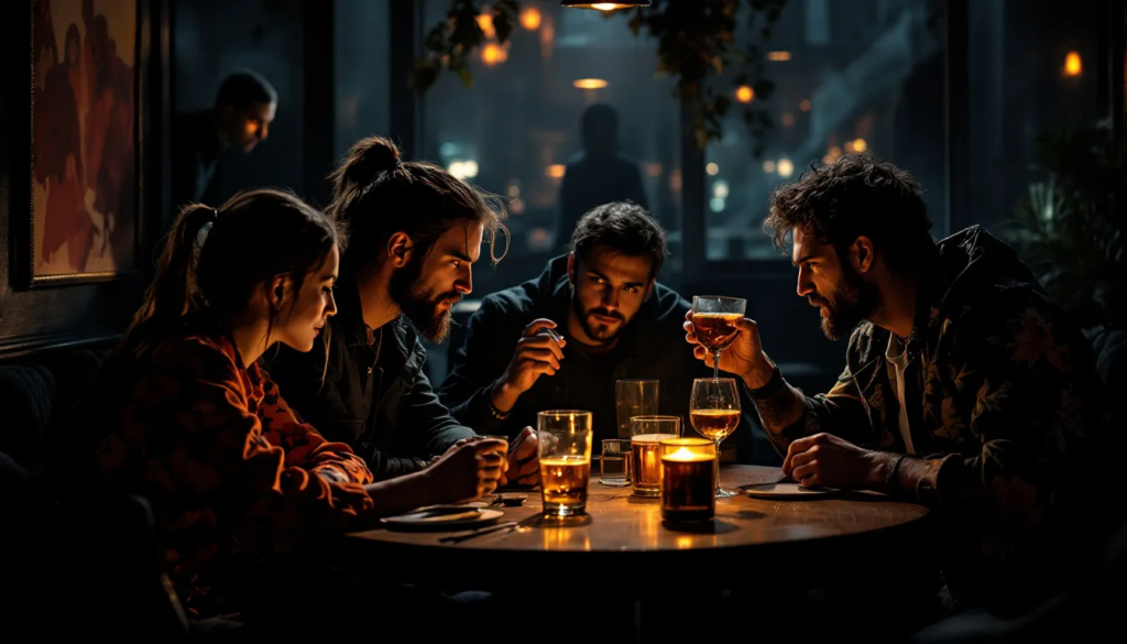 An image illustrating social influences on drinking behavior, depicting a group of friends socializing with drinks.