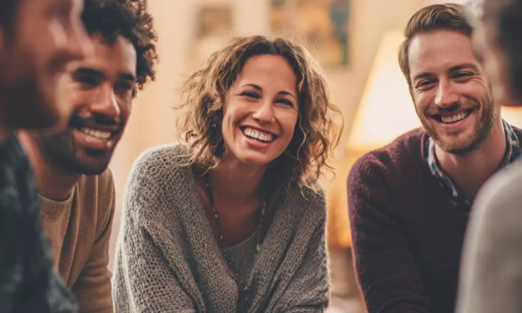 Diverse group of adults in a bright therapy room sharing supportive conversation, smiling, and engaged in recovery discussions in Massachusetts.