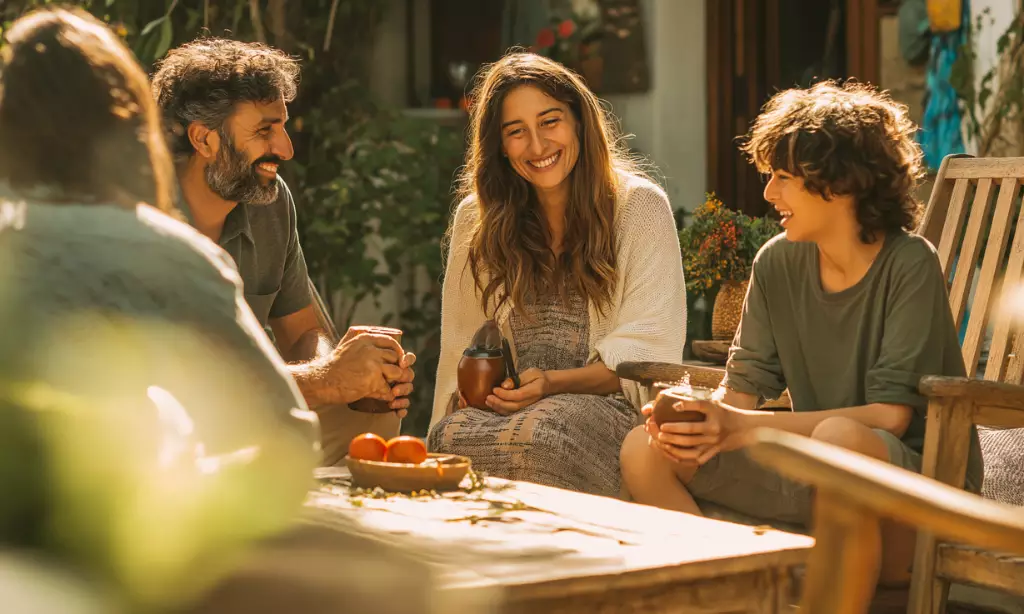 Smiling family enjoying a relaxed outdoor conversation on a sunny patio, symbolizing recovery, connection, and emotional wellness