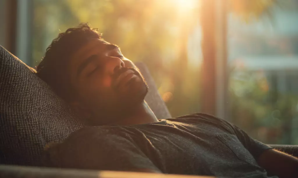 Person resting peacefully in a sunlit room, symbolizing calmness, healing, and renewal during recovery in Massachusetts.
