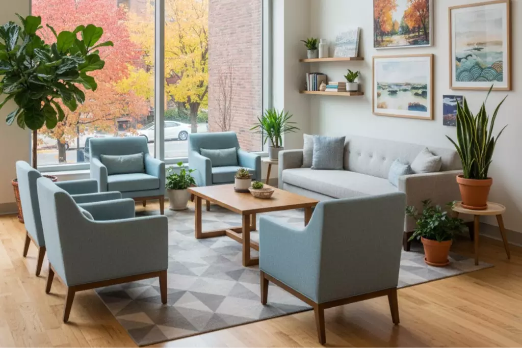 Bright interior of a modern outpatient treatment facility in Chelmsford, Massachusetts