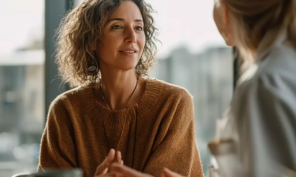 Two women in conversation discussing therapy options in a bright counseling office in Chelmsford, Massachusetts, with natural daylight and a calm atmosphere