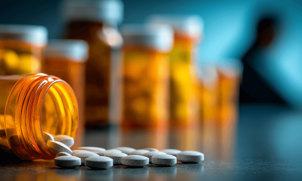 Assorted prescription pills representing opioids, benzodiazepines, and stimulants.