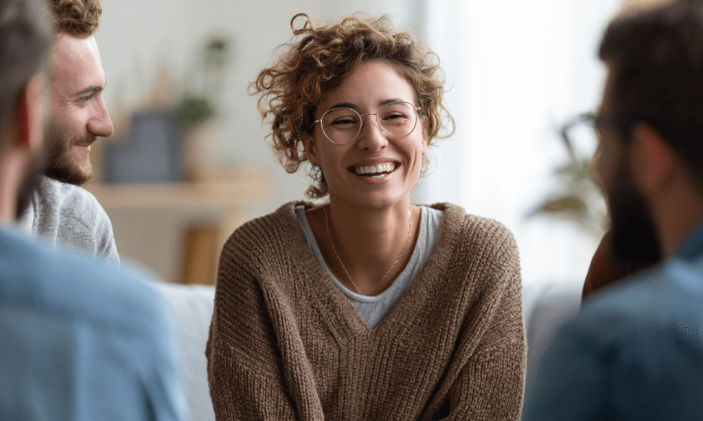 Family in a therapy session smiling together, sharing a positive and supportive moment in a warm, welcoming counseling environment.