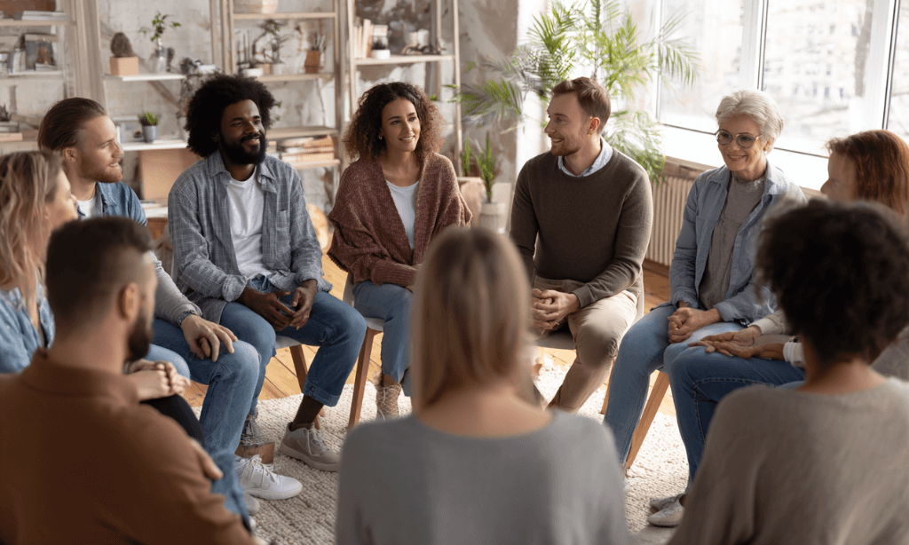 Group of people participating in an alcohol recovery therapy session, seated in a supportive circle and engaged in open conversation.