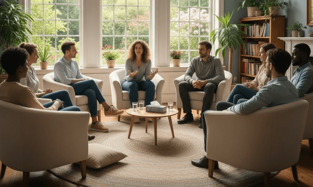 Group counseling session promoting connection and healing in opioid addiction recovery.