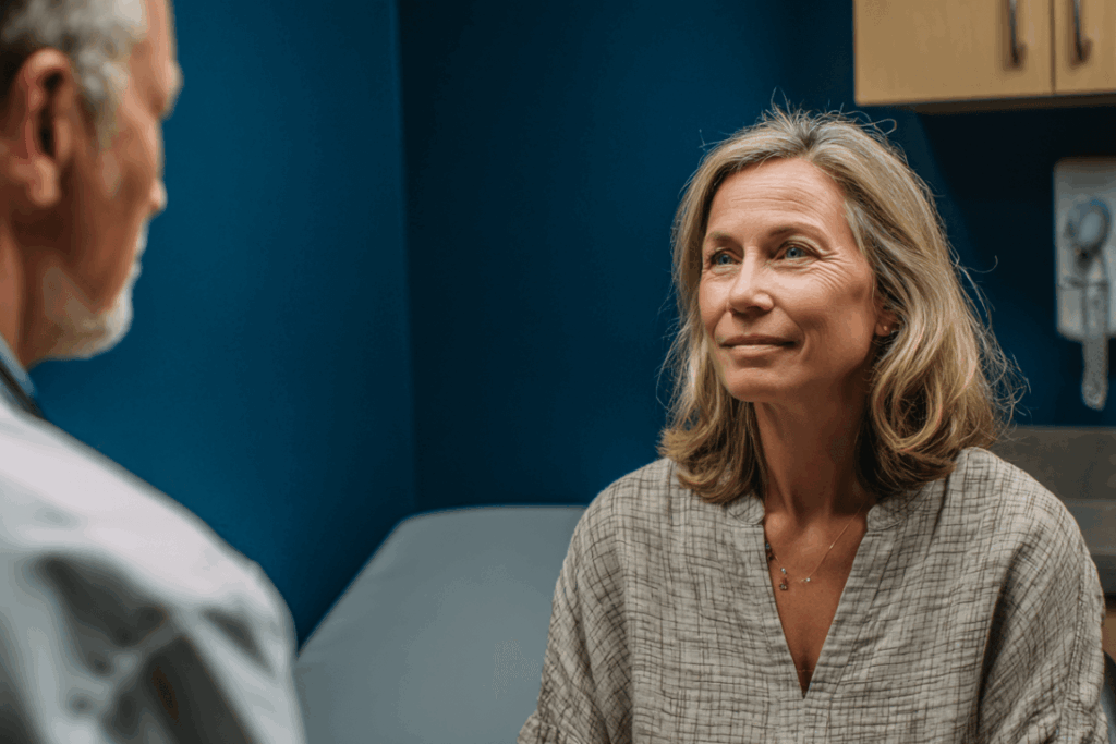 Licensed counselor discussing opioid addiction treatment options in a calm, supportive clinical setting.