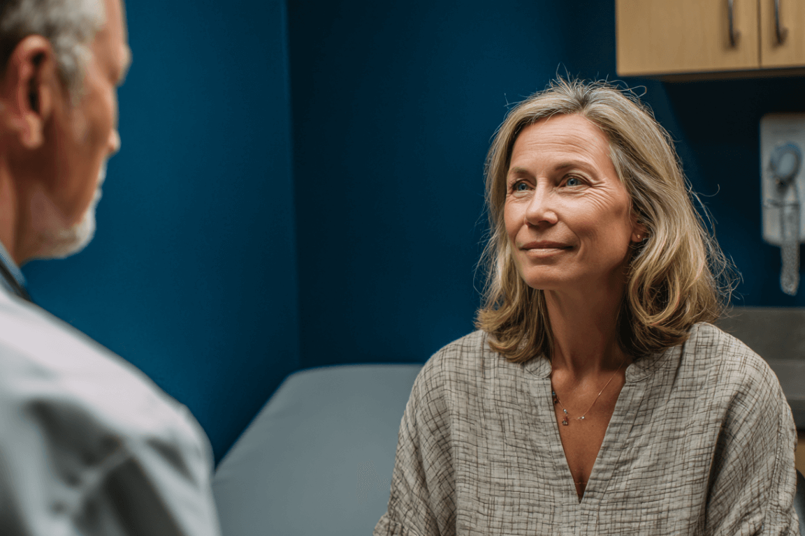 Licensed counselor discussing opioid addiction treatment options in a calm, supportive clinical setting.