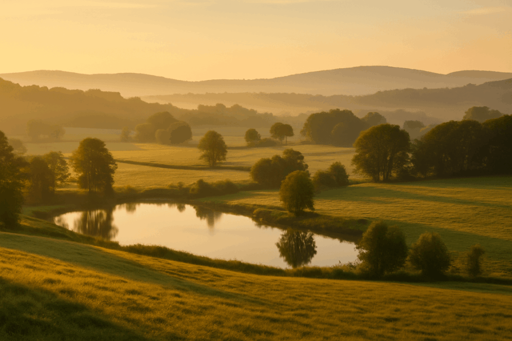 Massachusetts landscape with gentle morning light over rolling hills, trees, and a reflective pond, evoking peace and calm.