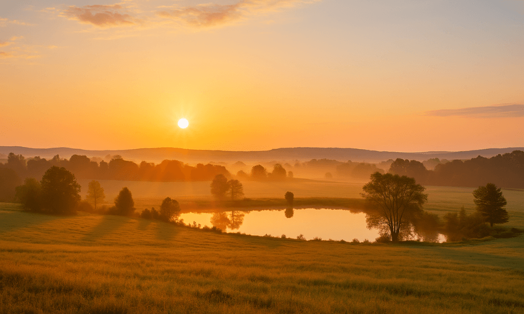 Peaceful Massachusetts landscape at sunrise with warm light over rolling hills and a calm pond, symbolizing hope and new beginnings.