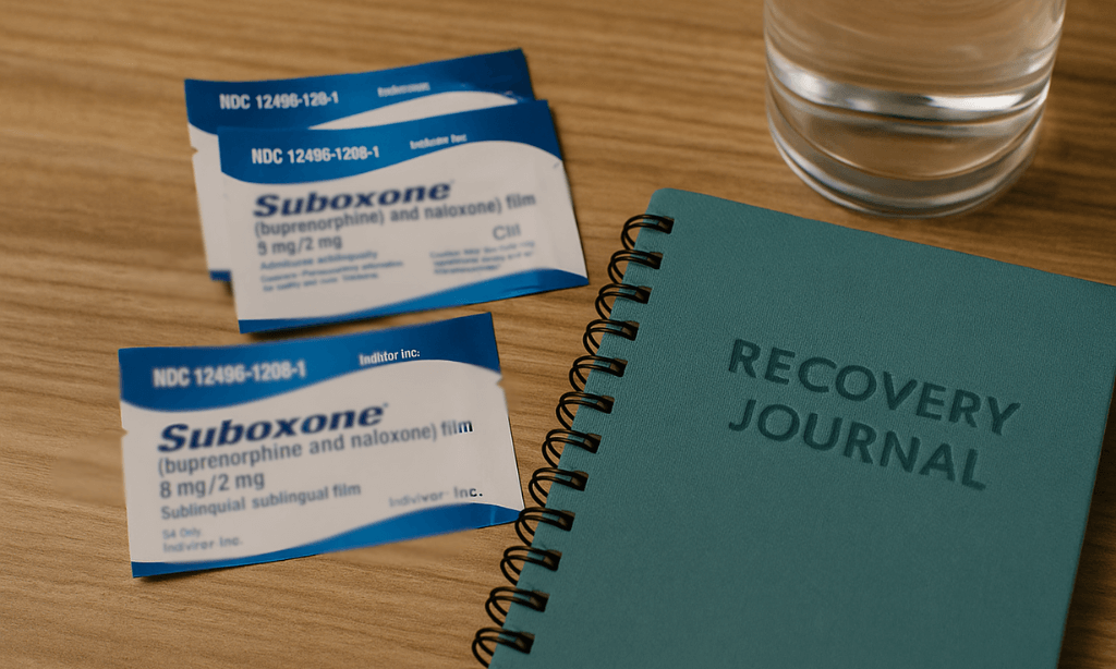 Close-up of Suboxone medication next to a recovery journal and a glass of water on a wooden table in soft natural light.