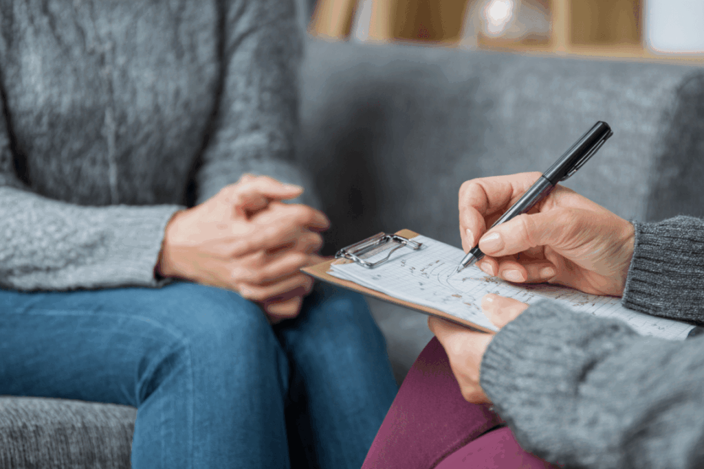 Therapist and client mapping the thought–feeling–behavior cycle on a notepad.