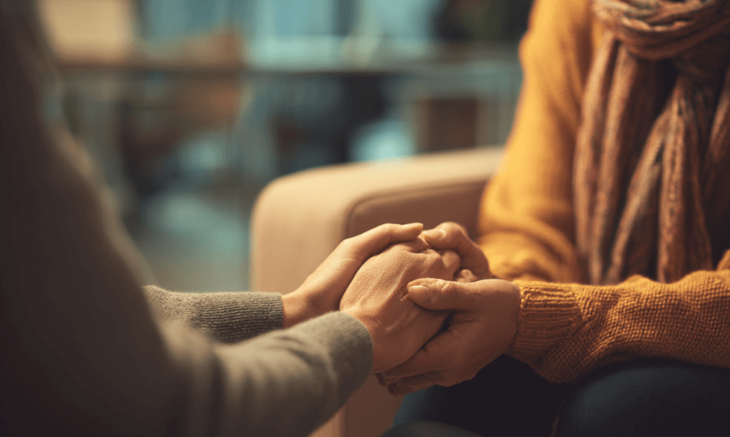 Therapist guiding a patient through CBT strategies for prescription drug recovery, showing a compassionate moment of support during counseling.