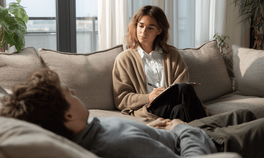 Therapist listening to a client in a calm Massachusetts DBT session.