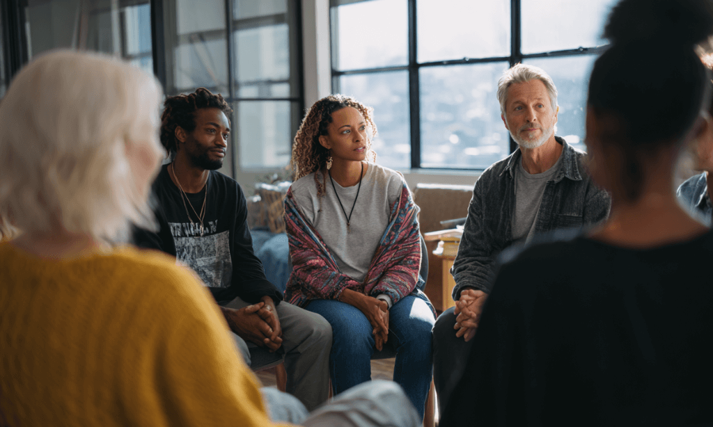 Small therapy group using motivational interviewing principles during a discussion.