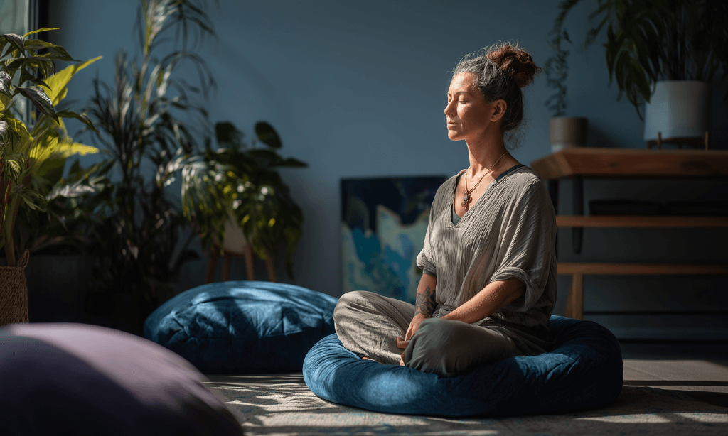 Person practicing mindfulness breathing exercise as part of holistic therapy with MI support.