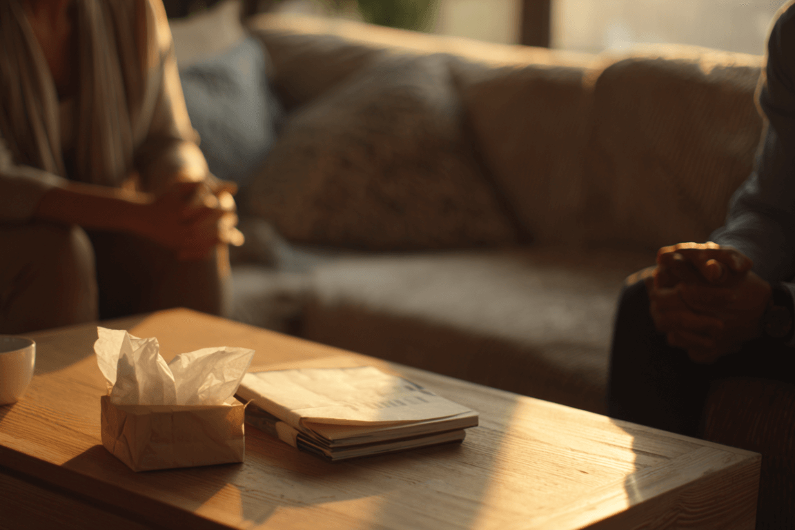 Two people sitting in a warm therapy office during a supportive motivational interviewing session.