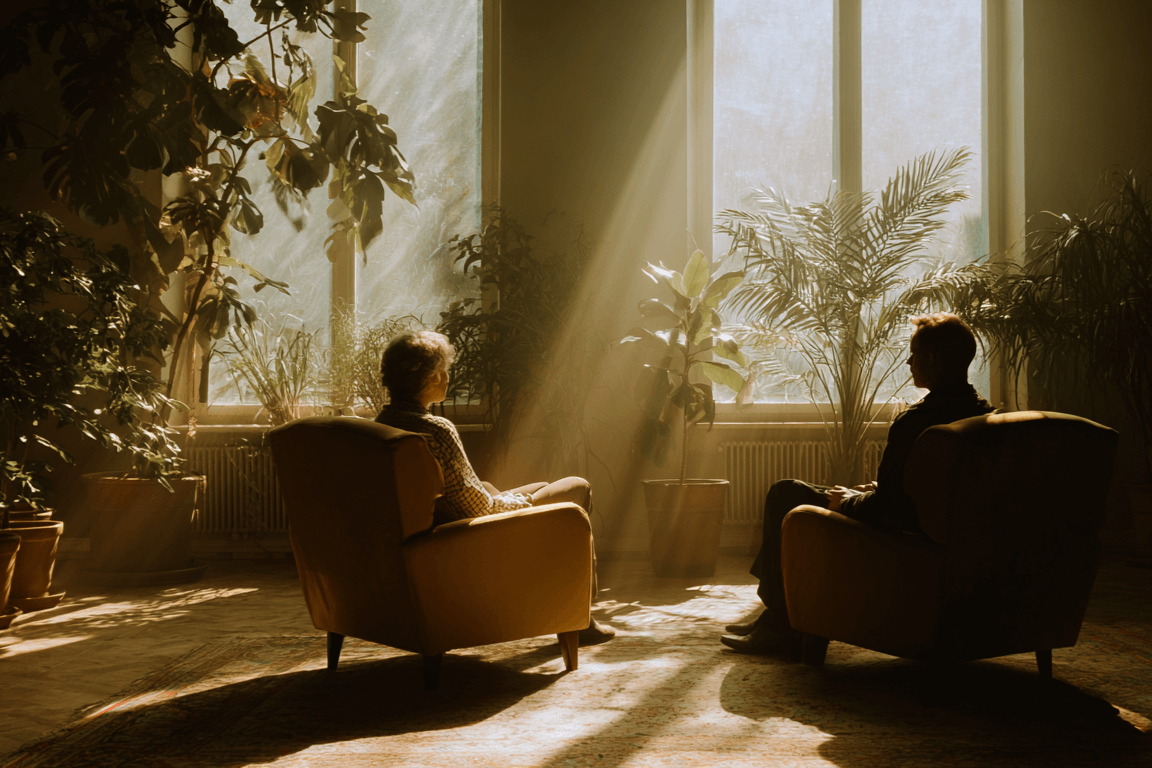 Calm, warm therapy room inside a Massachusetts outpatient alcohol treatment center.