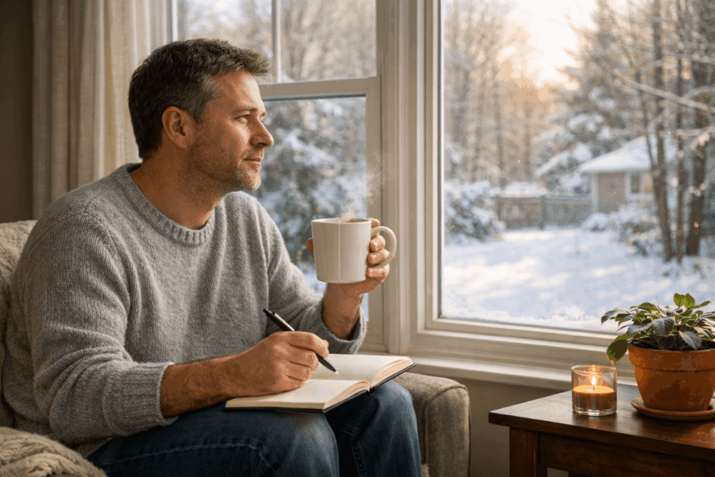 Adult reflecting on recovery goals during a quiet winter morning in Massachusetts
