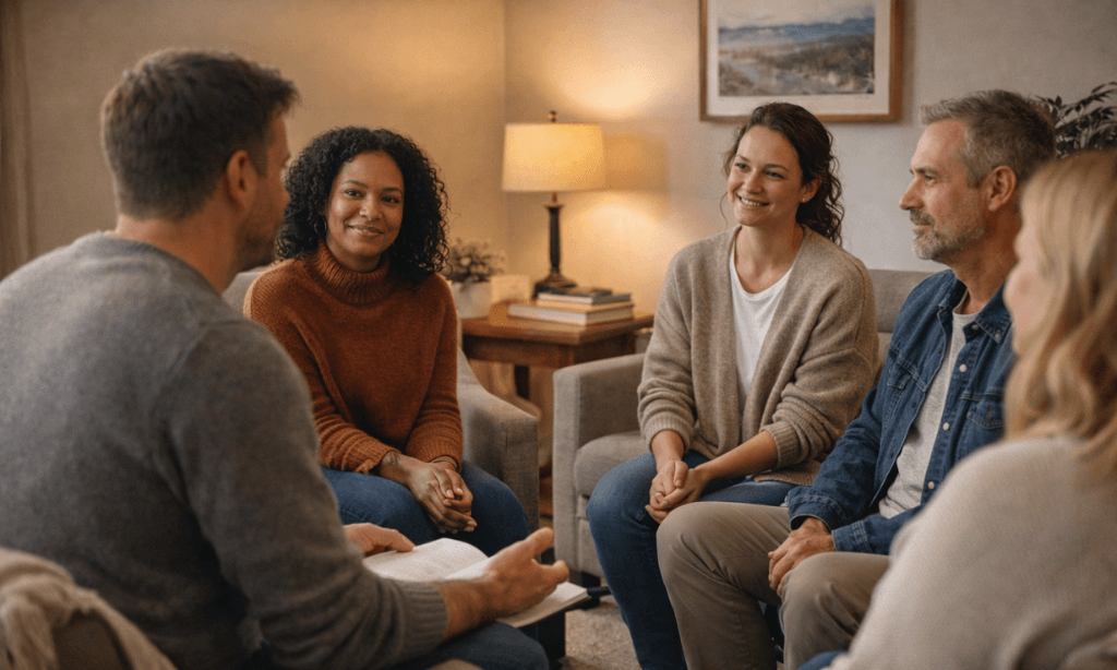 Supportive outpatient therapy group session with diverse participants sharing experiences in a comfortable treatment setting