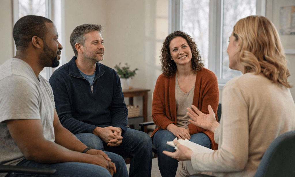 Small group therapy session in an outpatient addiction treatment program in Massachusetts