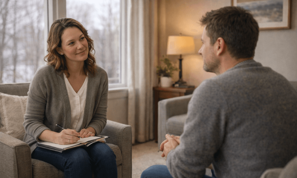 Compassionate counselor providing support to client in outpatient addiction treatment setting