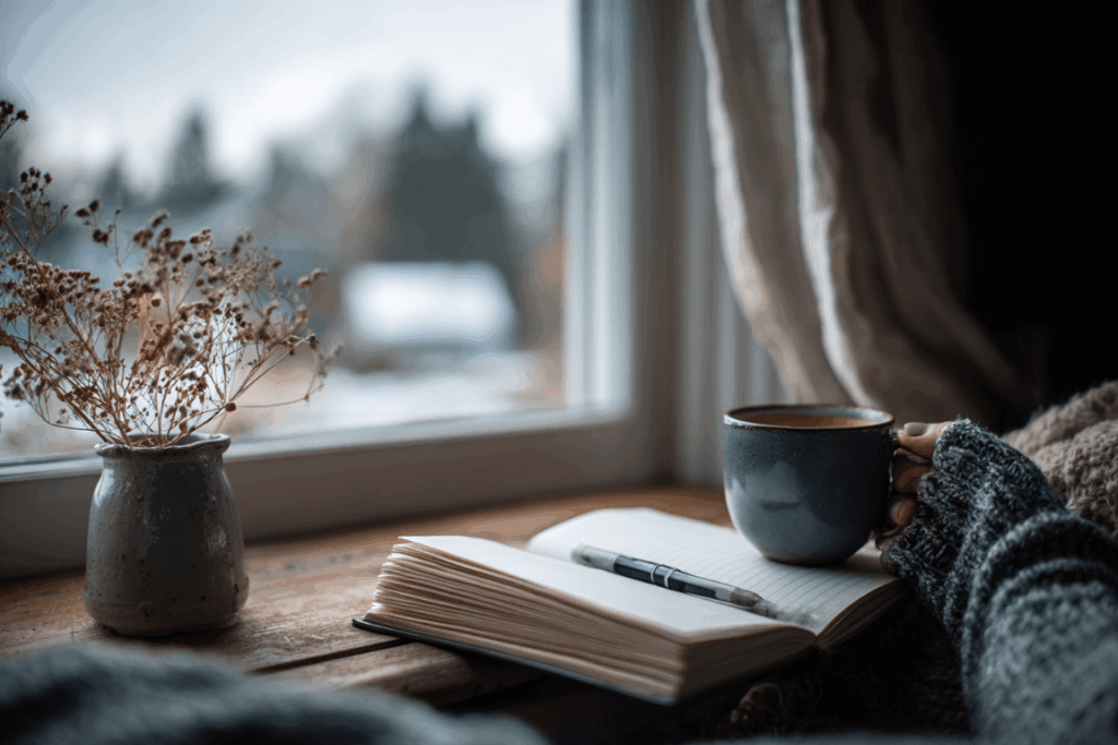 Person looking thoughtfully out a window on a gray winter day, representing post-holiday reflection and vulnerability in recovery