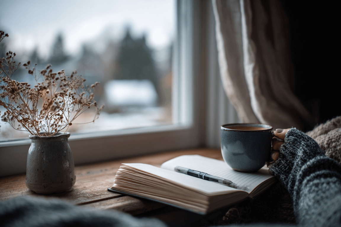 Person looking thoughtfully out a window on a gray winter day, representing post-holiday reflection and vulnerability in recovery