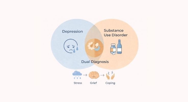 Illustration showing the connection between depression and substance use disorders
