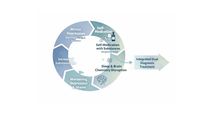 Diagram showing the cycle of winter depression and substance use and how integrated treatment breaks it