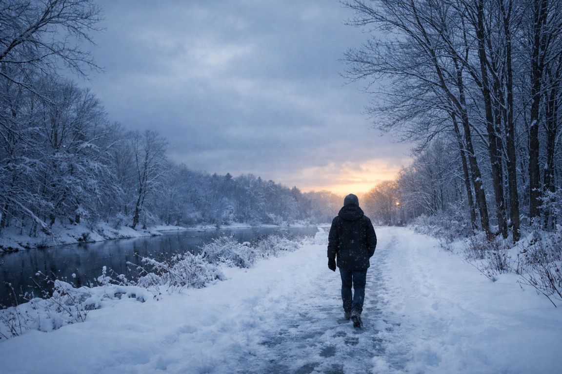 Person walking through a snowy Massachusetts winter landscape representing coping with winter depression and substance use