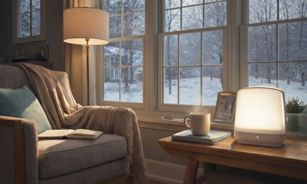 Warm indoor recovery space showing light therapy and supportive environment during winter