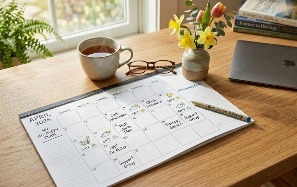 Calendar showing April with treatment planning notes and insurance benefit optimization for addiction recovery in Massachusetts