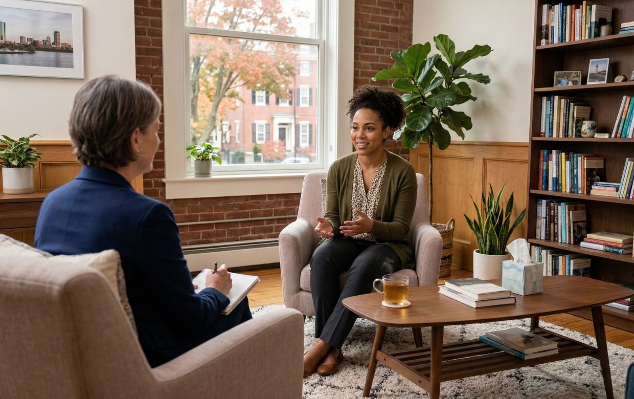 Person looking hopeful while talking with compassionate counselor at cocaine addiction treatment center in Massachusetts