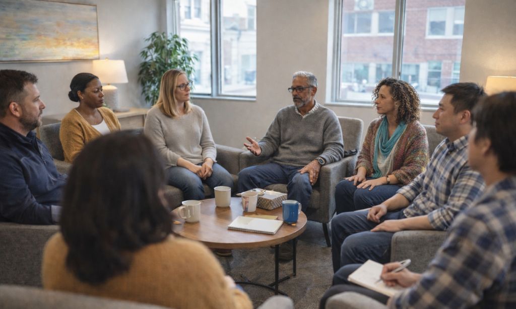 Multi-family support group meeting for addiction recovery in Massachusetts treatment program
