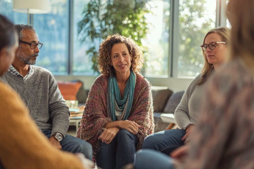 Family participating in healing therapy session at Massachusetts addiction treatment center