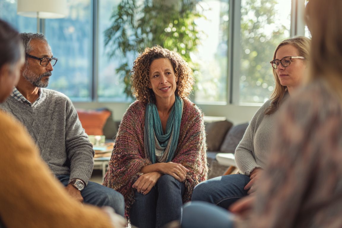 Family participating in healing therapy session at Massachusetts addiction treatment center