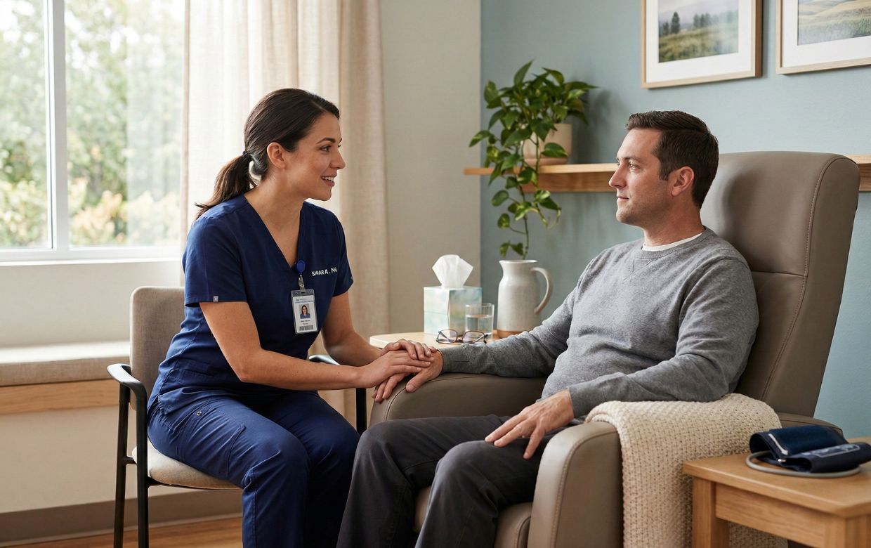 Compassionate healthcare provider offering supportive care during fentanyl withdrawal detox at Massachusetts treatment center