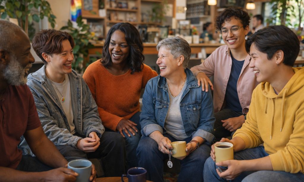 LGBTQ recovery community gathering showing chosen family support and pride celebration in sober space Massachusetts