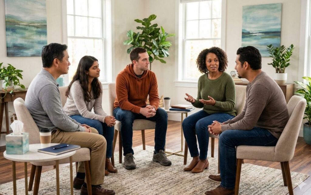 Diverse recovery support group showing hope and community connection during addiction treatment in Massachusetts