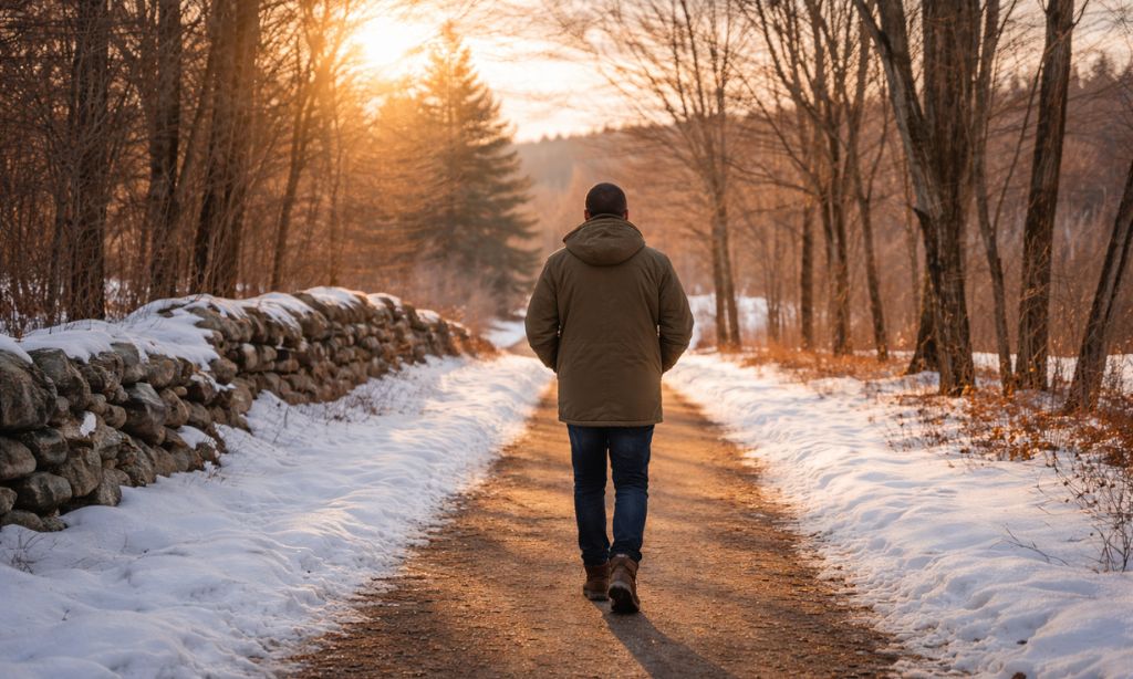 Person walking on cleared path through winter landscape in Massachusetts showing hope and forward movement