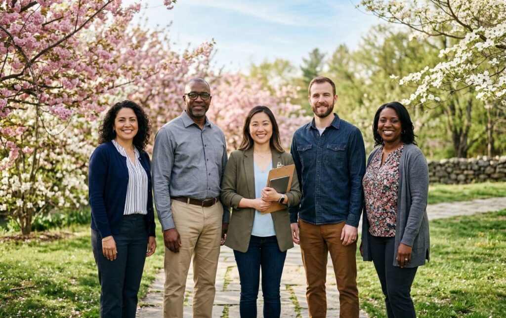 Welcoming view of addiction treatment center in Chelmsford, Massachusetts, during spring with blooming landscape and hopeful atmosphere