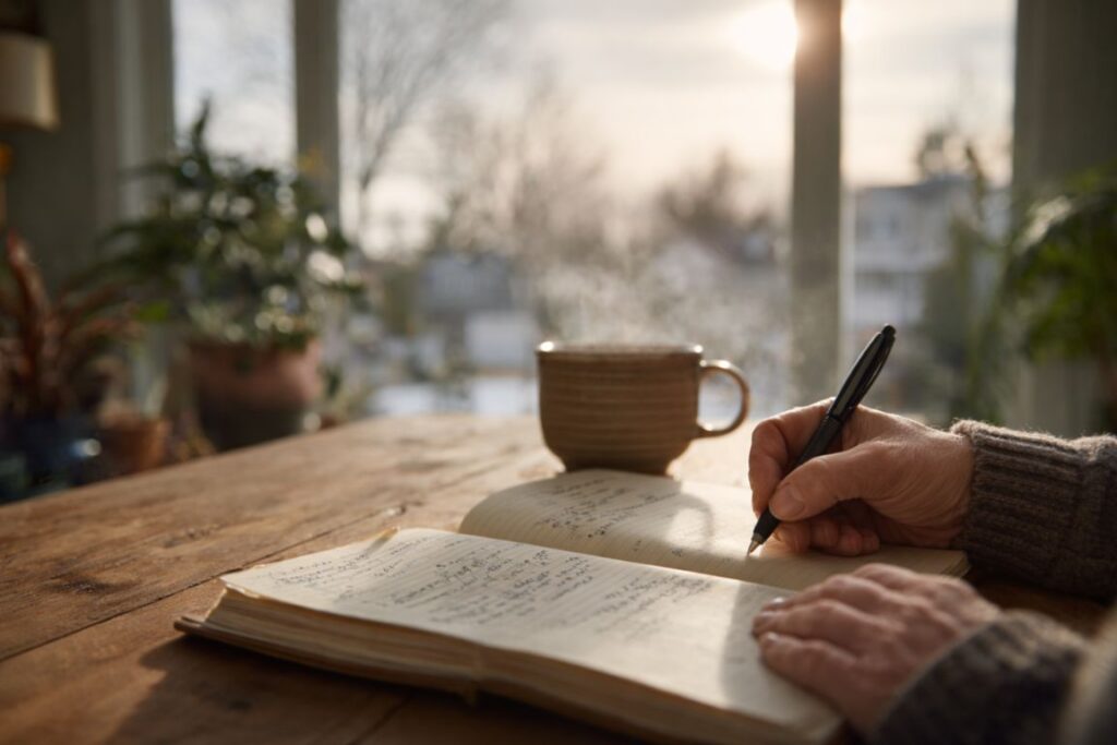 Person writing recovery plan in notebook with coffee on table in Massachusetts home