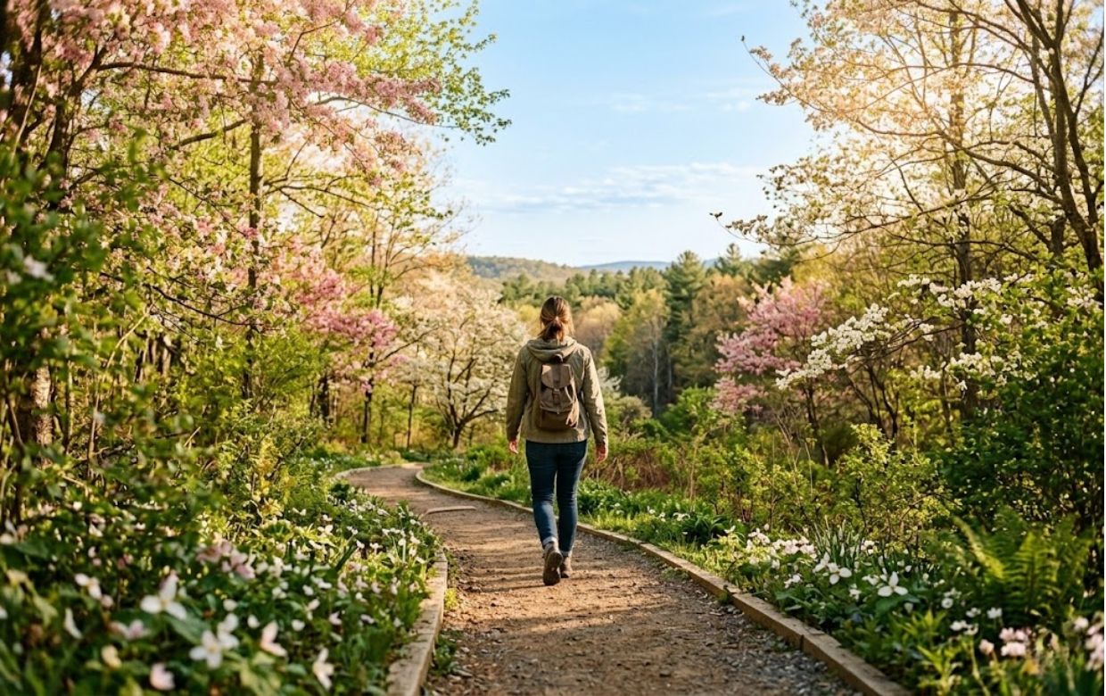 Person walking on Massachusetts trail in spring sunshine beginning recovery journey with hope and renewal