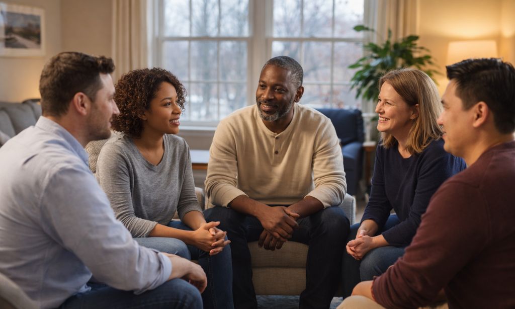 Diverse group of people sitting in supportive circle during recovery meeting in Massachusetts