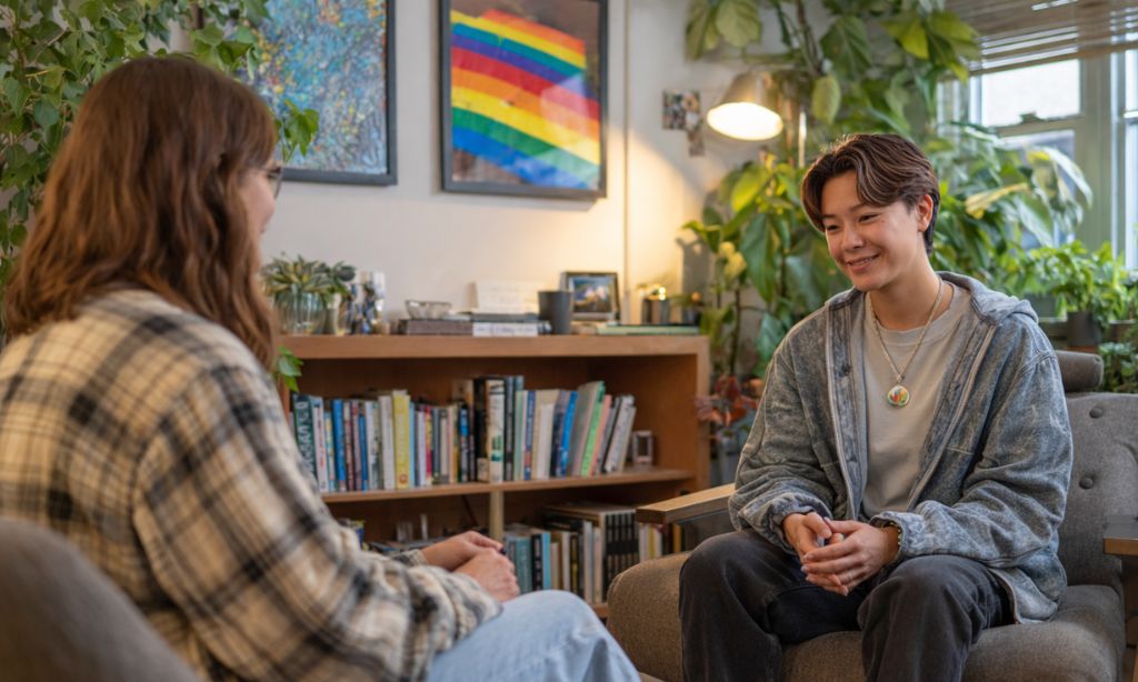 Transgender person in comfortable therapy session with culturally competent counselor at LGBTQ affirmative addiction treatment facility