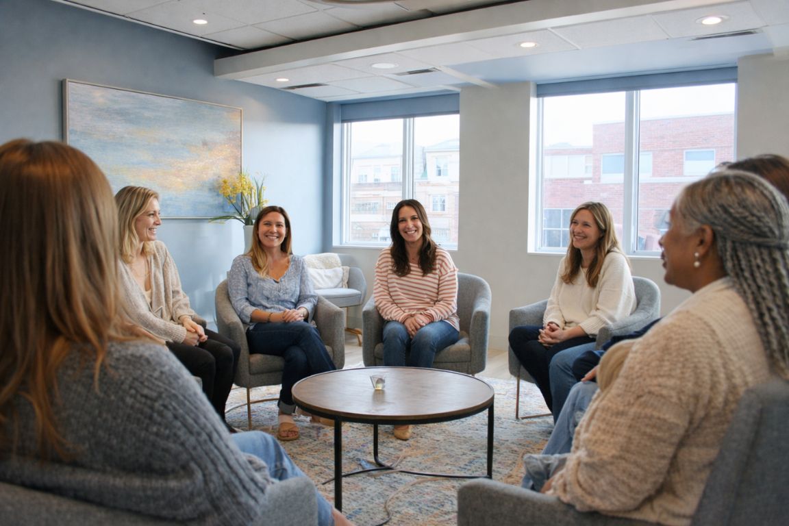Women participating in group therapy session for addiction recovery in Massachusetts treatment center