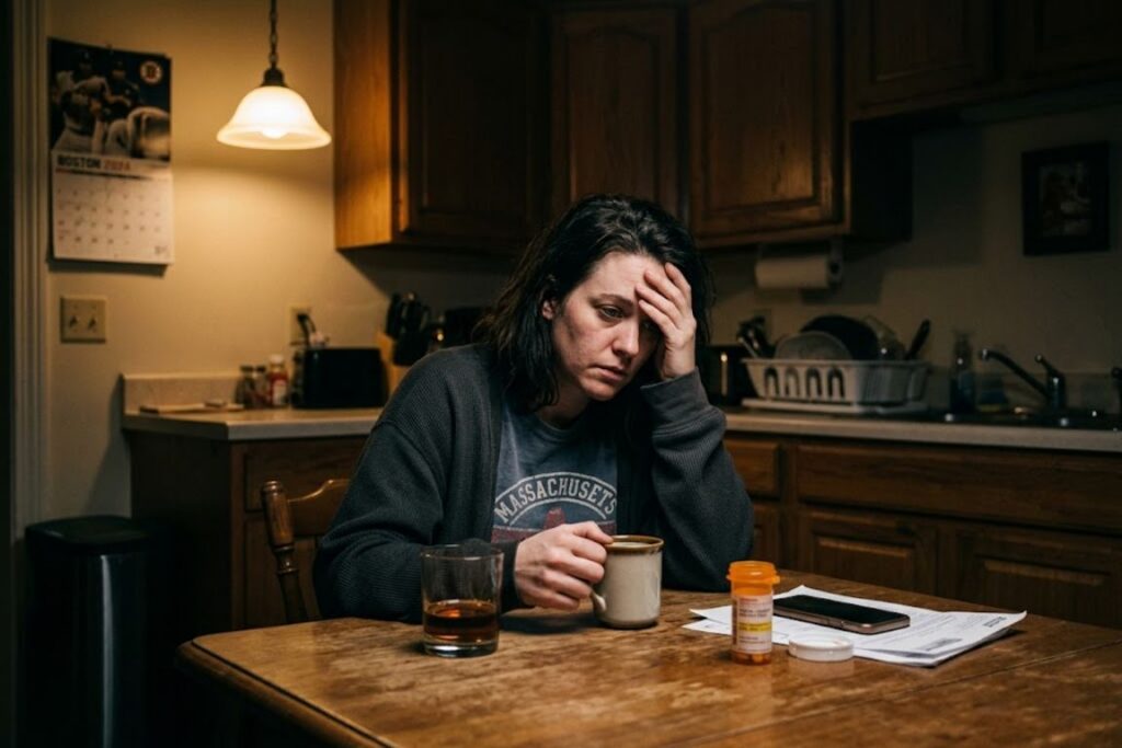 Person experiencing anxiety at night reaching for alcohol showing self-medication cycle in Massachusetts recovery