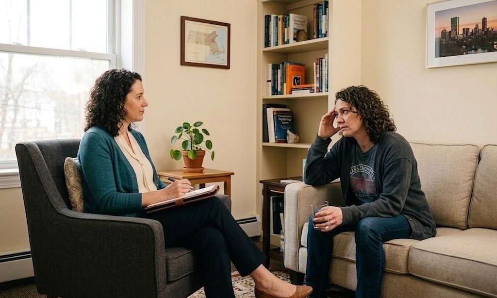 Compassionate therapist and client in dual diagnosis therapy session for anxiety and substance use disorder treatment.